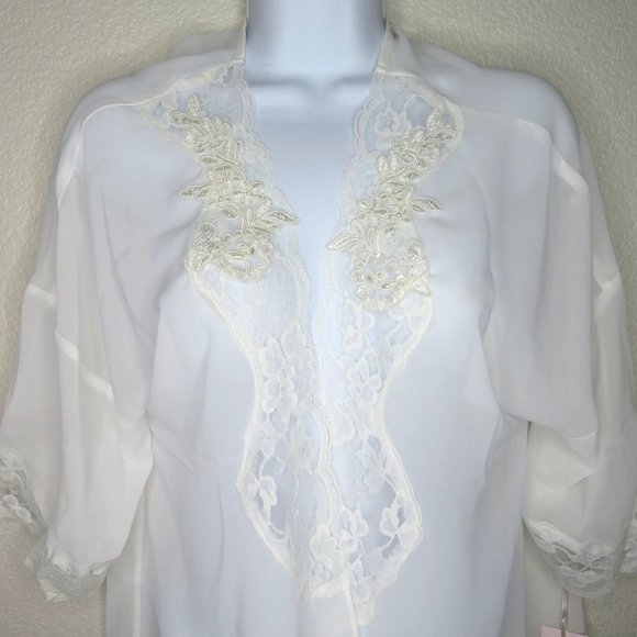 Linea Donatella Sheer Chiffon Open Front Robe S/M White Lace Pearls Knee Length - Picture 6 of 16